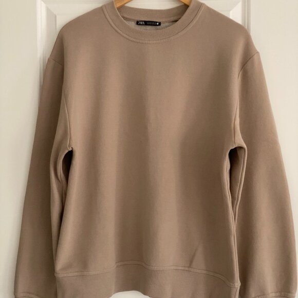 ZARA Basics Taupe Crewneck Sweatshirt – Women's Size Large – Minimalist Fleece - Picture 2 of 7